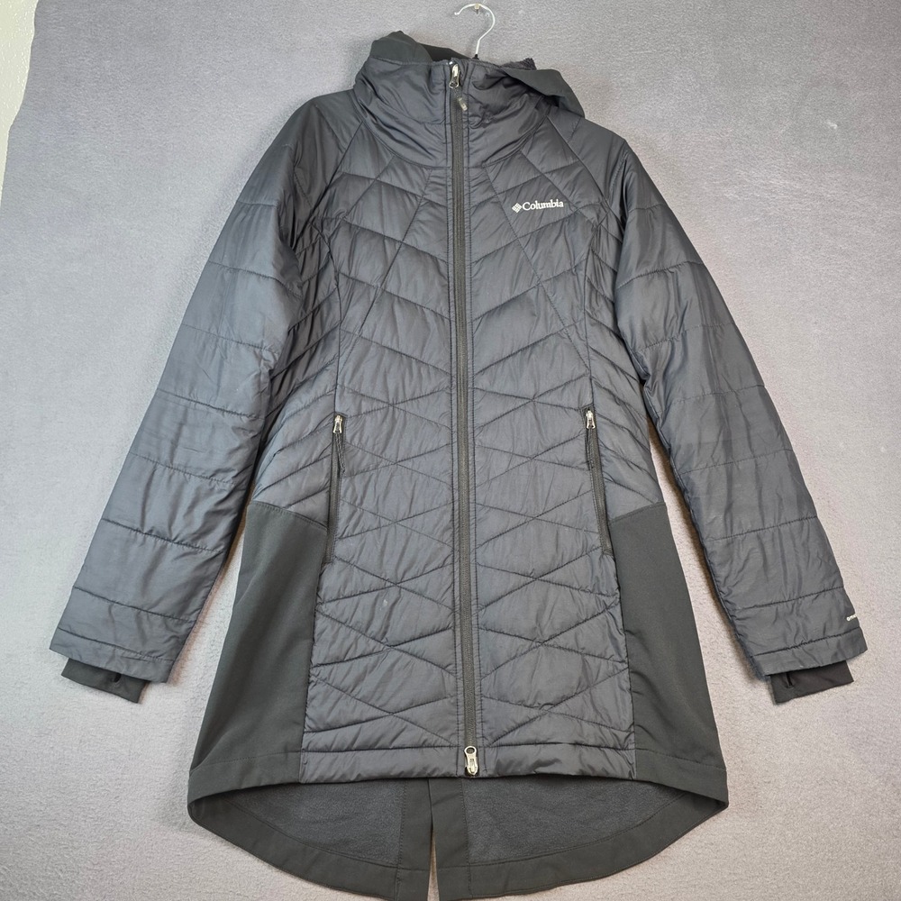 Columbia Puffer Jacket Women Medium Black Omni-Heat Quilted Hooded Parka